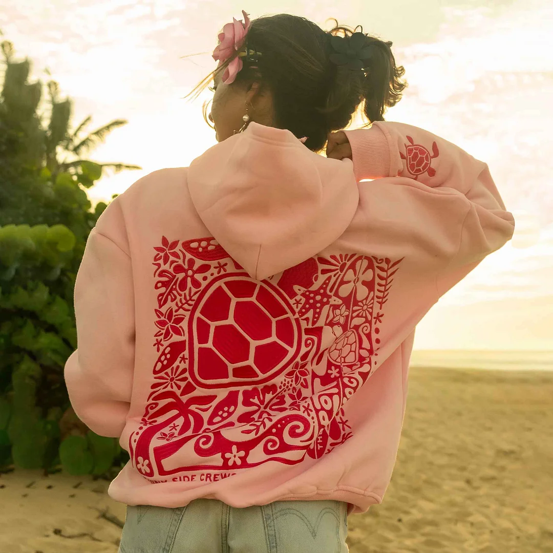 Women's Vintage Sea Turtle Protect The Locals Shell-Pink Oversized Long Sleeve Hoodie