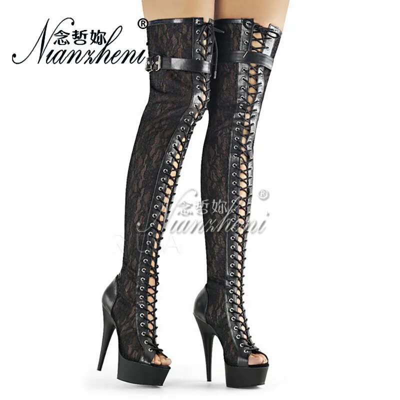 VCshoes 15cm Fetish Lace Peep Toe Platform Over The Knee Boots 6Inch Strip High Heels Pole Dance Gothic Gladiator Exotic Crossdress