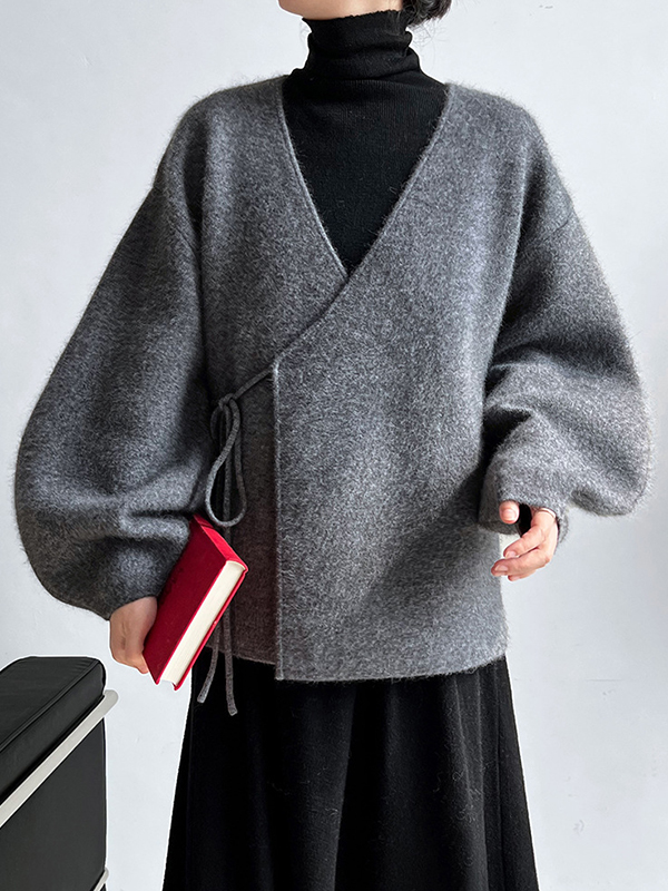 V Neck Lace-Up Wool Coat