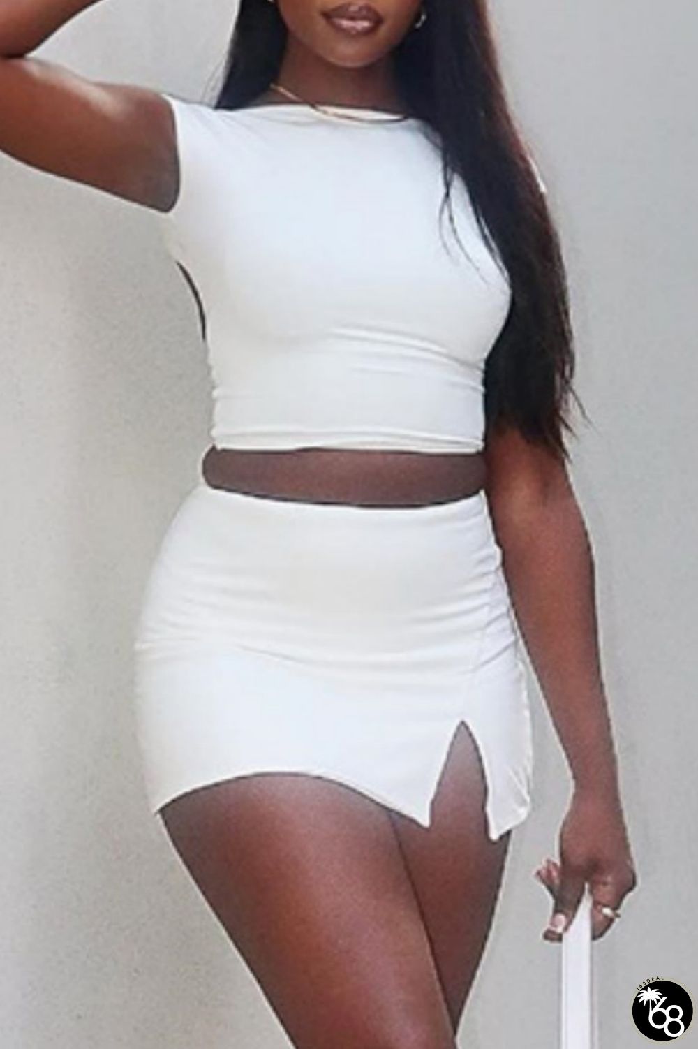 Cream White Casual Solid Slit O Neck Short Sleeve Two Pieces | 168DEAL