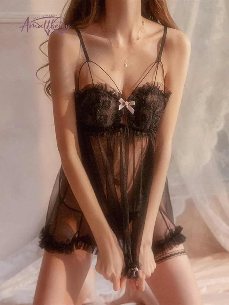 Pink Kawaii Lingerie Lolita Nightwear Sexy Lace Tulle Sweet See-through Sling Night Private Room Underwear Women Night Gowns