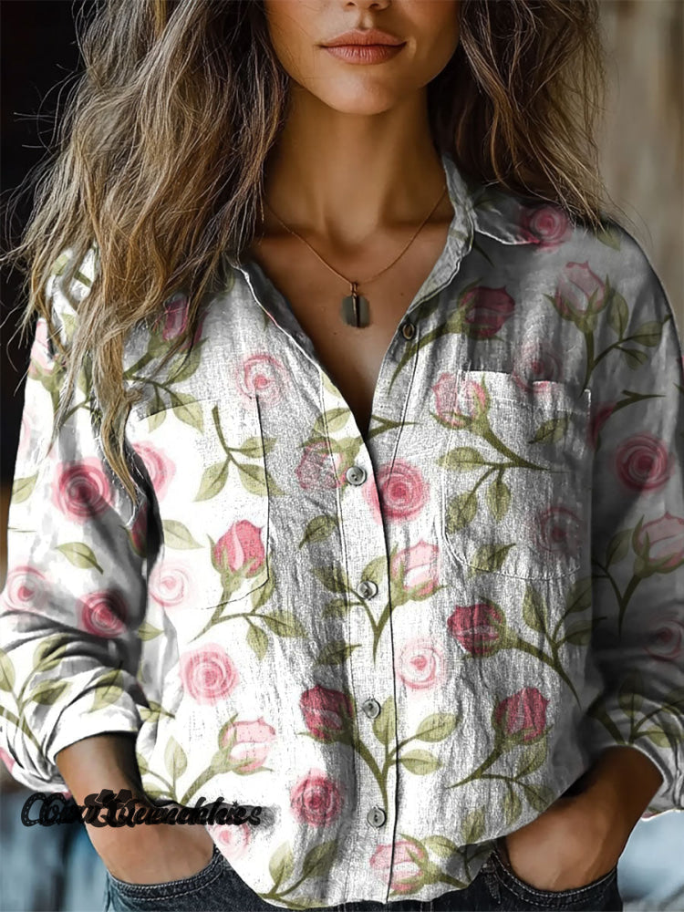 Women’s Vintage Print Casual Long Sleeve Comfortable Cotton Shirt Multicolor / S