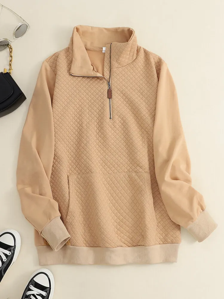 Solid Zip Front Pocket Long Sleeve Lapel Women Sweatshirt
