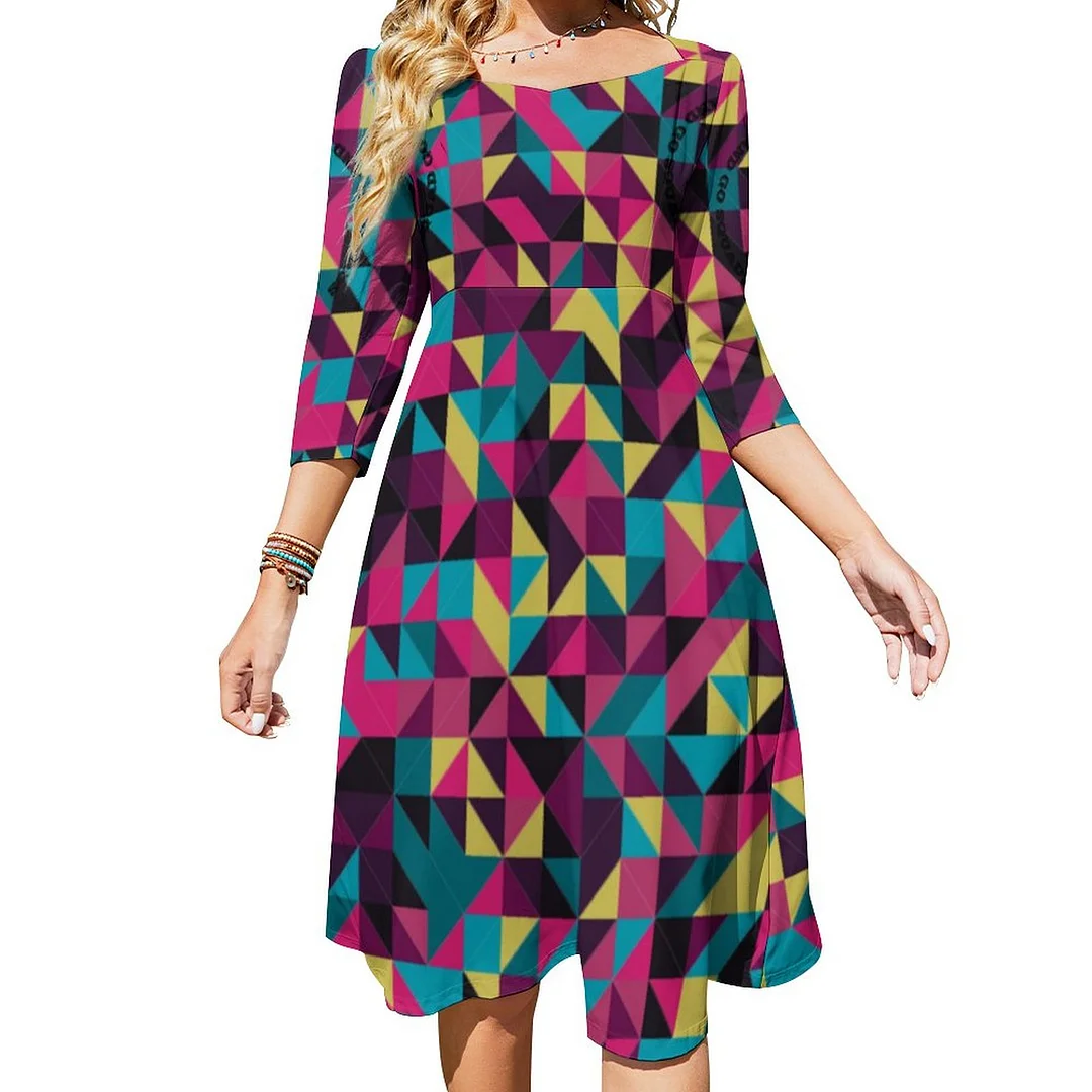 Multi Colour Yoga Dress Sweetheart Tie Back Flared 3/4 Sleeve Midi Dresses