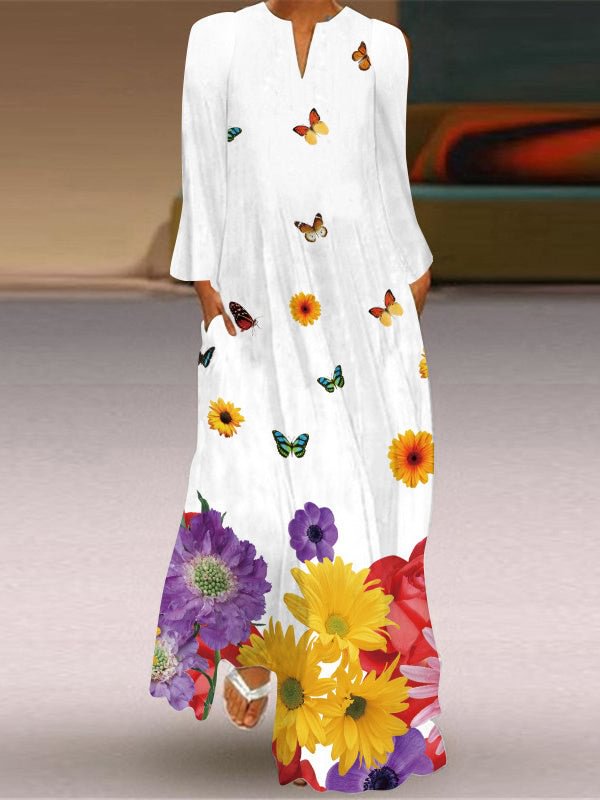 Women's Long Sleeve V-neck Floral Printed Maxi Dress