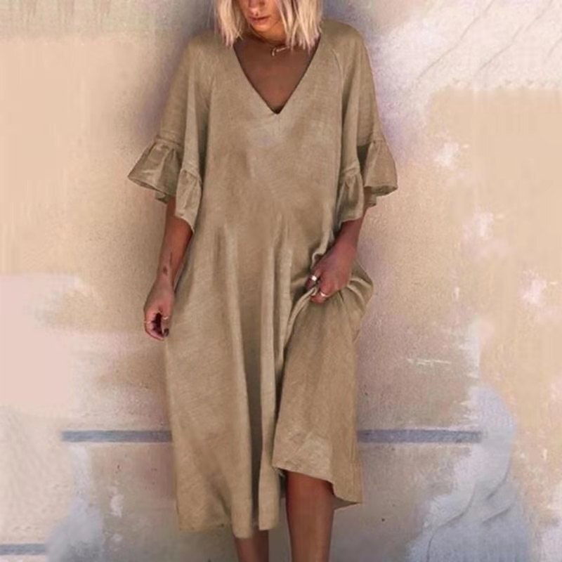 V Neck Solid Color Sexy V-Neck Patchwork Loose Dress