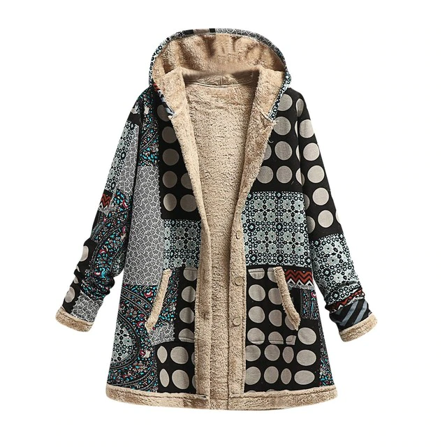 Women's Warm Print Thickened Fleece Hooded Jacket Loose Coats