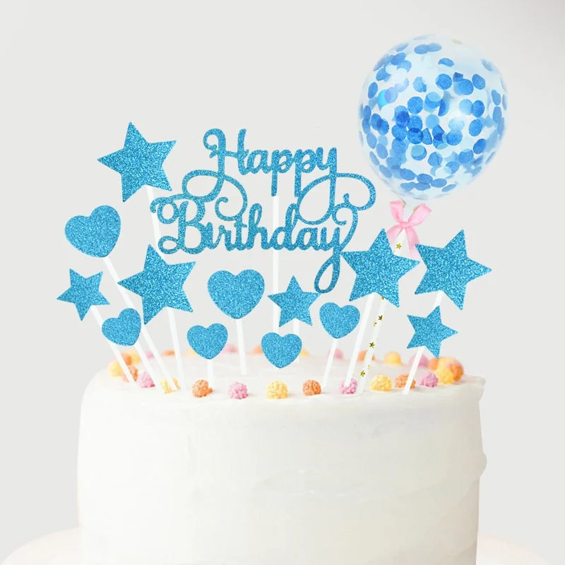 1Set Rose Gold Happy Birthday Cake Toppers with Confetti Balloons Kids Birthday Party Decoration Baby Shower Favor Wedding Decor