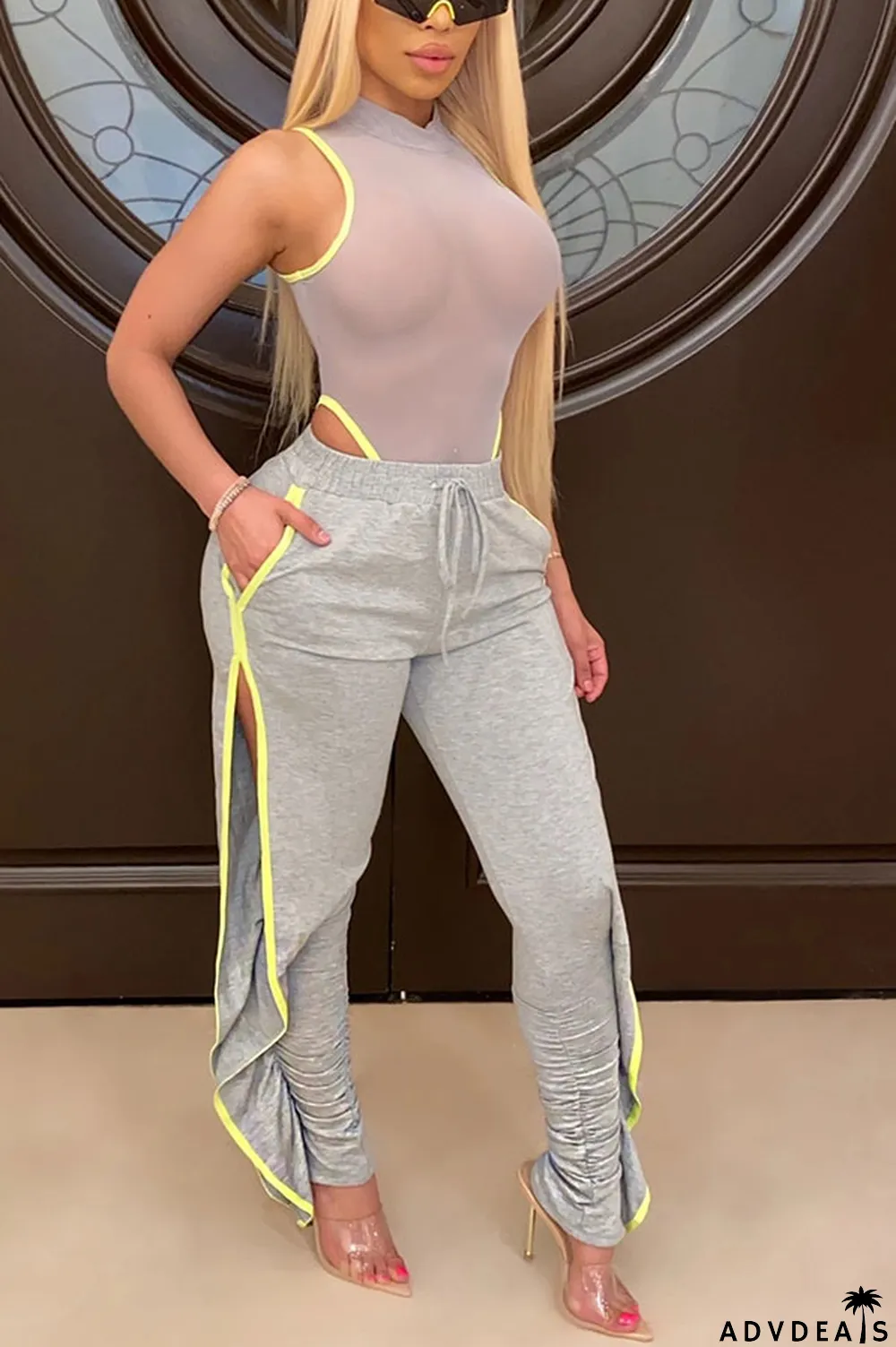 Grey Black Grey Blue Green Yellow Cotton Drawstring Sleeveless Mid Patchwork Solid Split Draped Straight Pants Bottoms