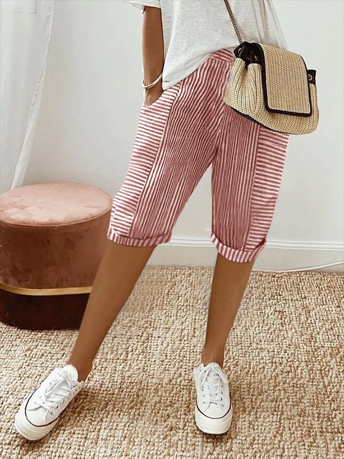 Women's Jacquard Stripe Stitching Loose Casual Five Point Pants