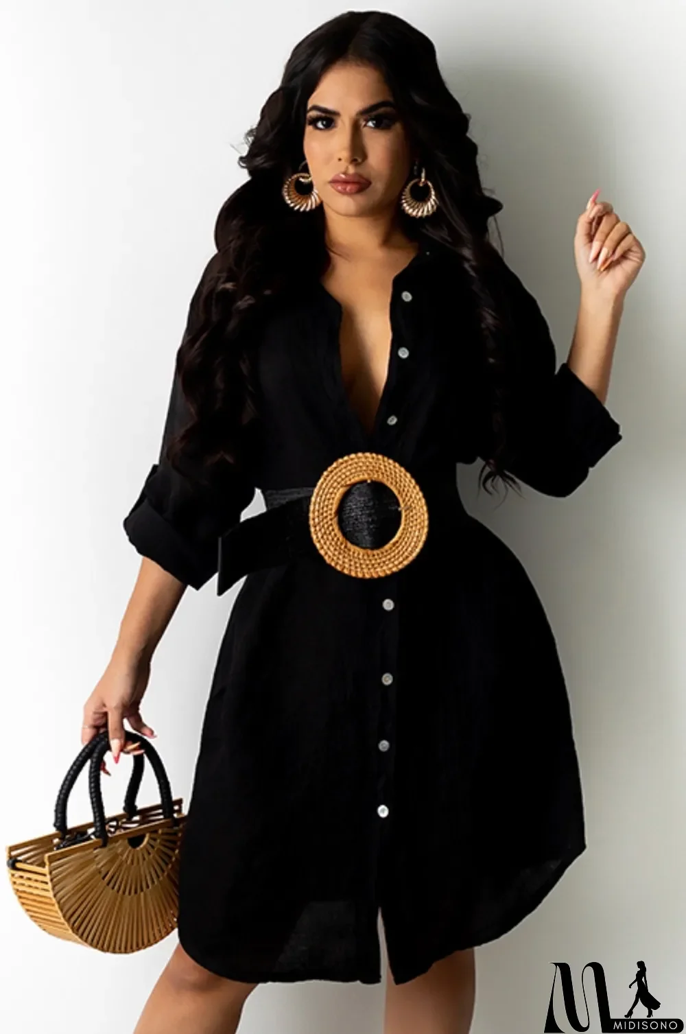 MidiSono - Autumn Black Long Blouse Sundress with Full Sleeves