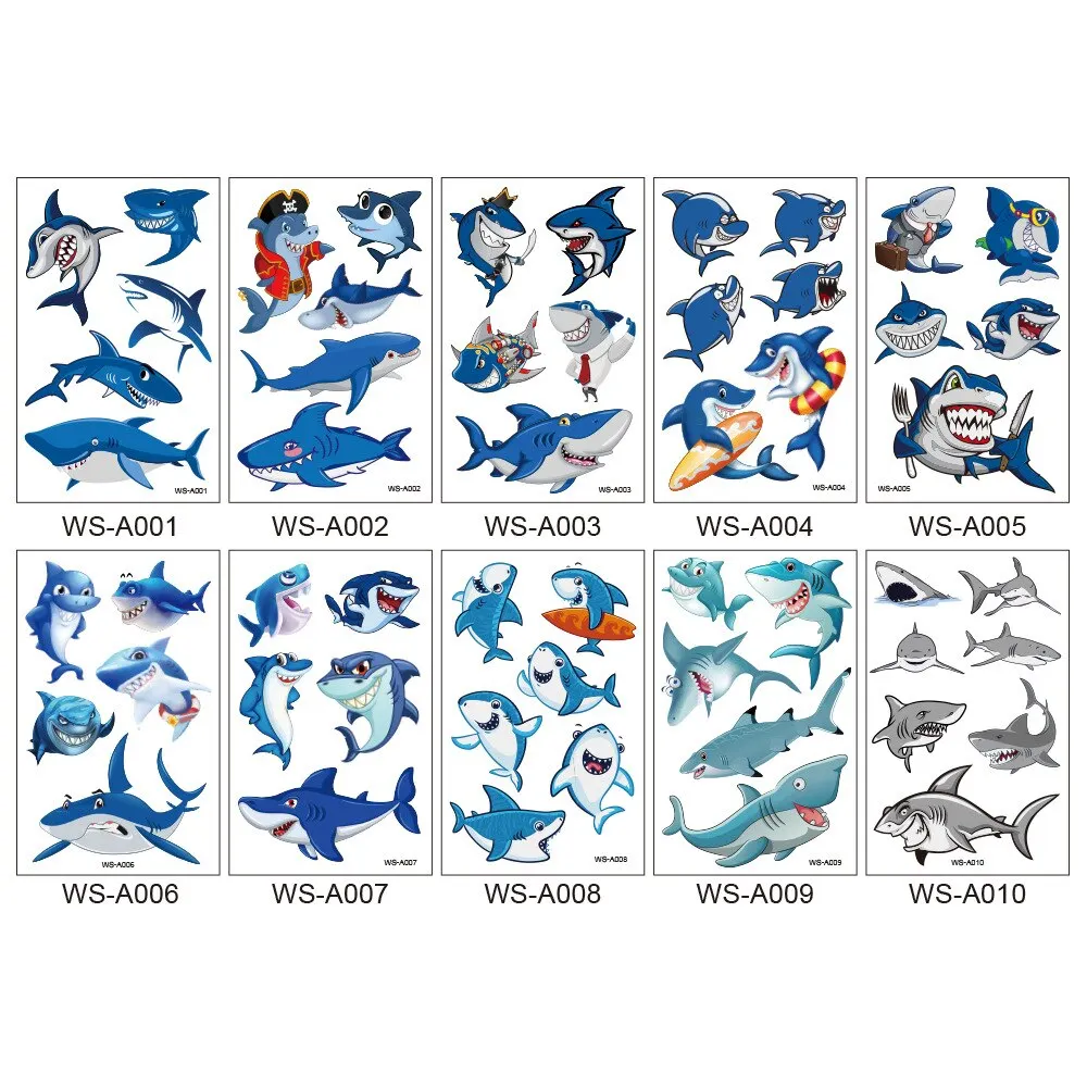 20 tipos dos desenhos animados tubar&atilde;o tatuagem crian&ccedil;as bonito maquiagem tempor&aacute;ria corpo adesivos azul peixe descart&aacute;vel tatou