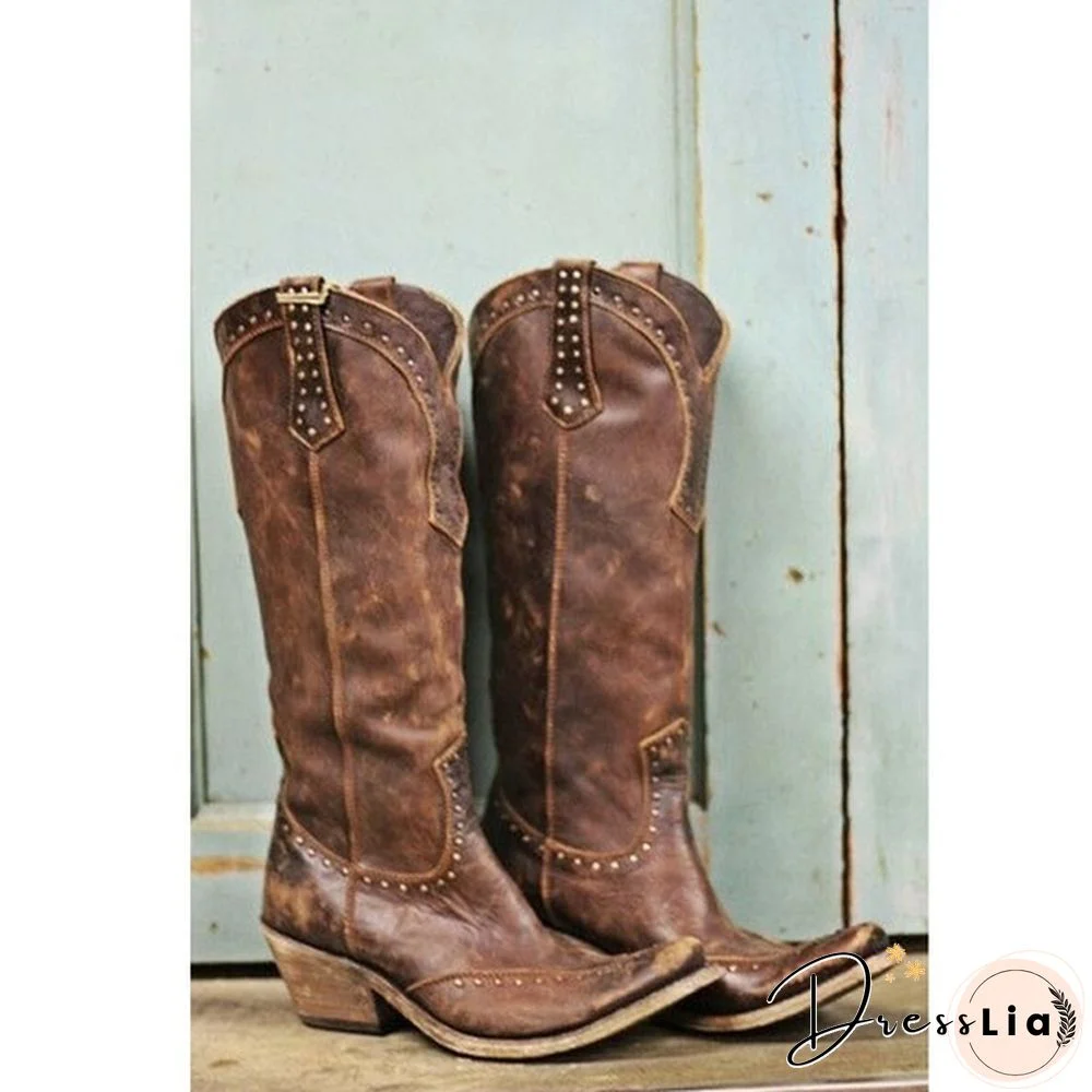 Women Fashion Knee High Leather Boots Meideval Vintage Cowboy Boots Long Boots Autumn Winter Warm Pointed Toe Flat Boots High Quality Women Ankle Boots Shoes Plus Size:34-43