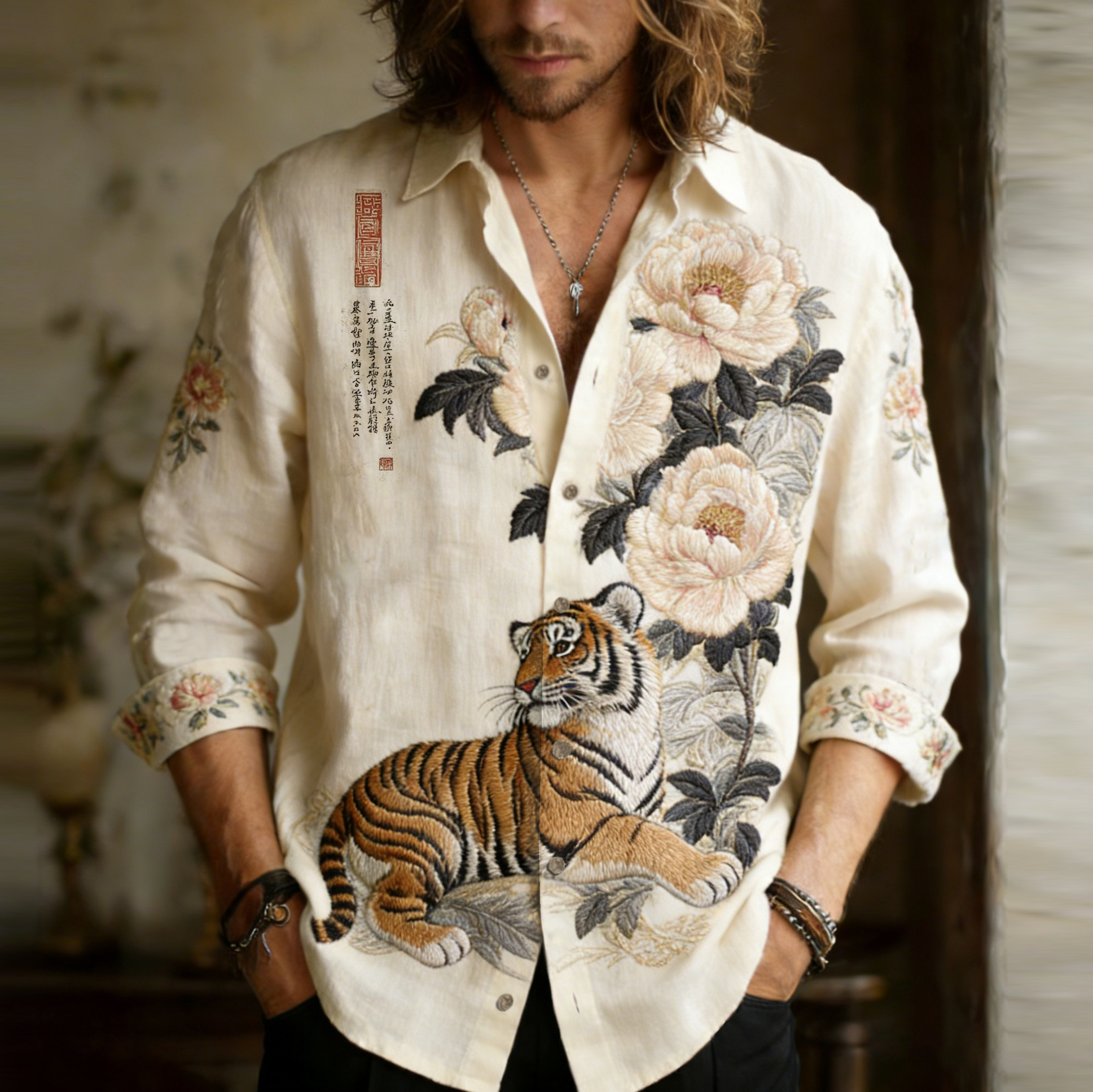Men's Froal With Tiger Embroidery Painting Art Linen Shirt  artssus