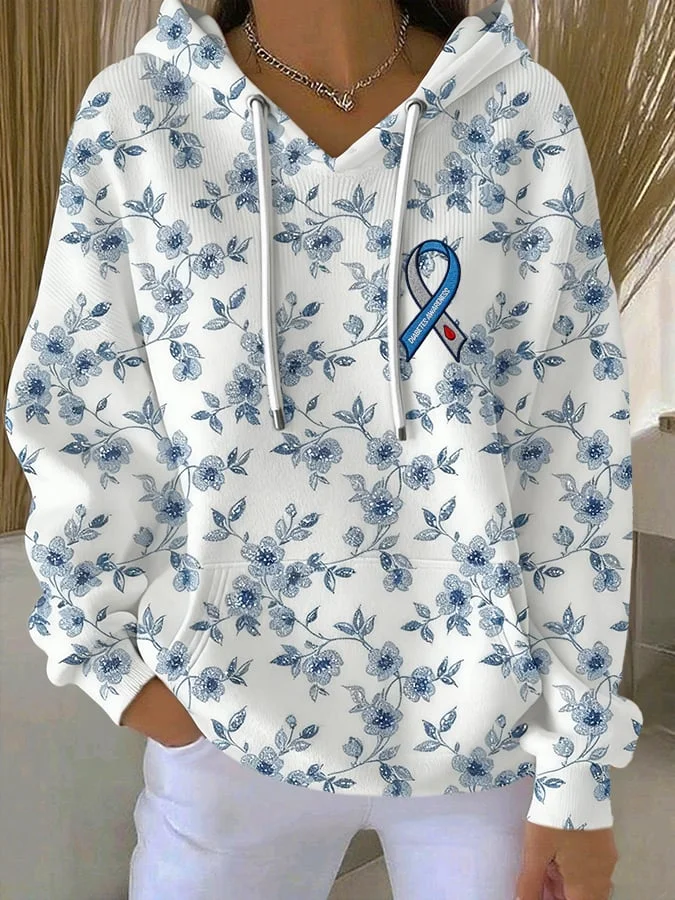 Women's Diabetes Awareness Flowers Print Casual Sweatshirt socialshop
