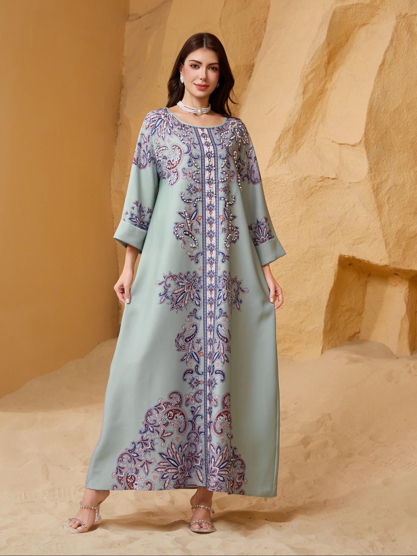 Elegant Boho Muslim Women's Long Robe, All over Print, Loose-Fitting, Round Neck, Flap Sleeves, Long Sleeve, All Seasons
