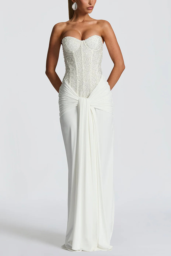 Carina Sequined and Satin Jersey Off Shoulder Ruched Knot Drape Maxi Dress mysite idetrend