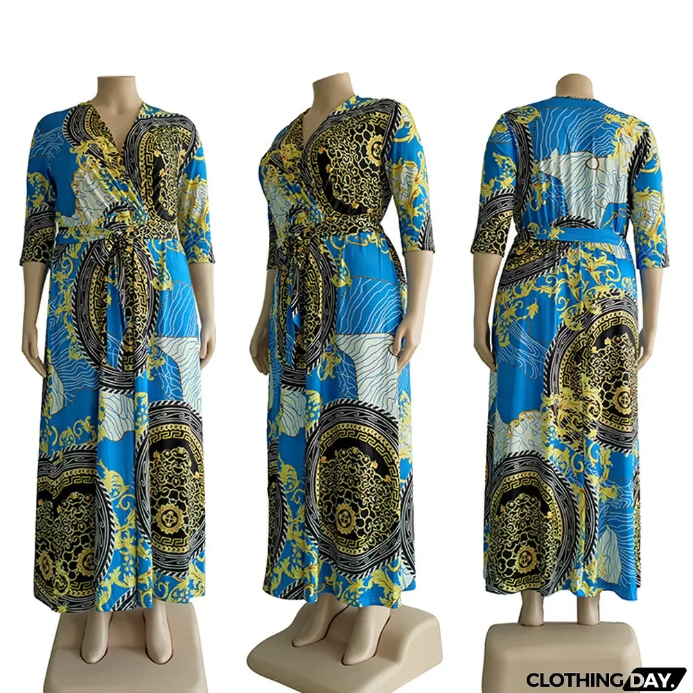 Plus Size Retro Print Half Sleeve Sashes Maxi Dress