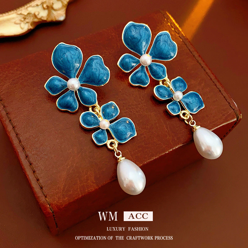 Medieval Flower Geometric Flower Artificial Pearl Oil Dripping Earrings