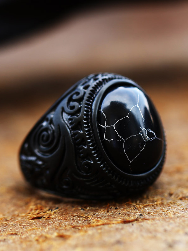 Vintage Stainless Steel Engraved Gemstone Ring