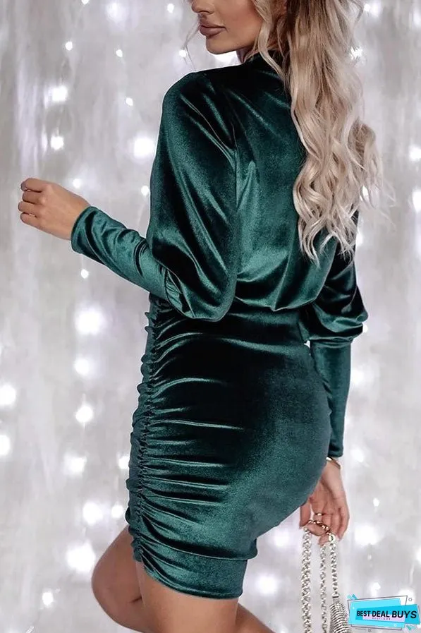 Green Velvet Puff Sleeve Ruched Bodycon Dress