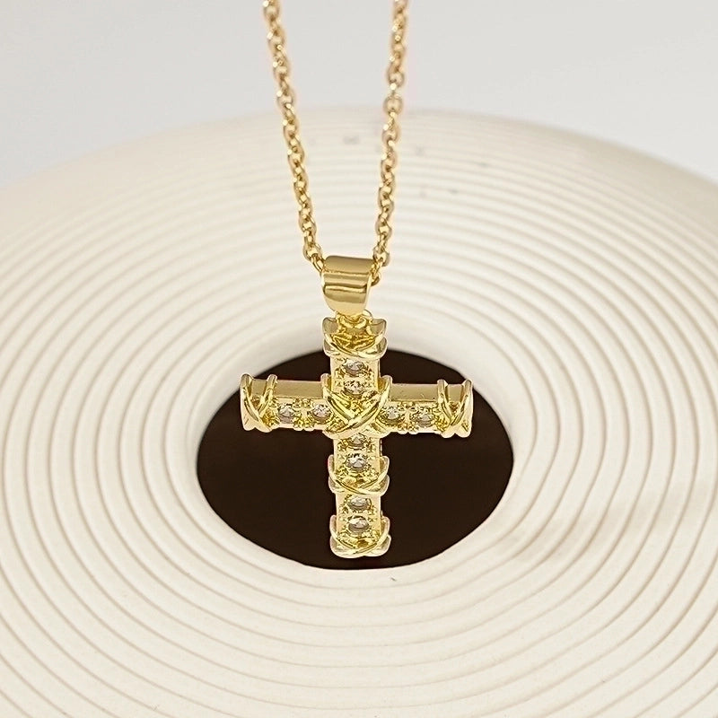 Stainless Steel 18K Gold Plated Minimalist Plating Inlay Cross Zircon