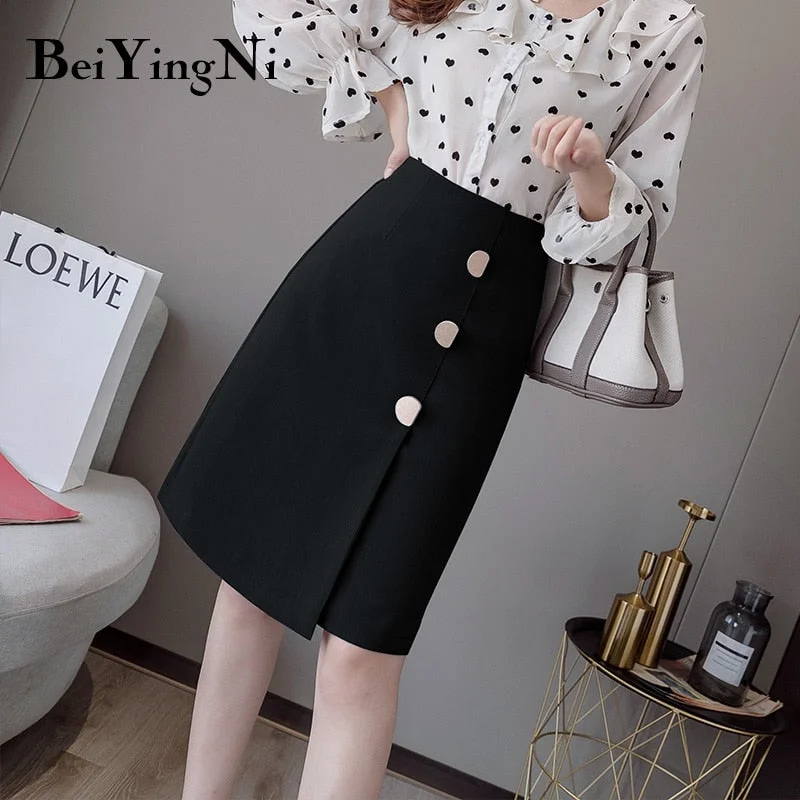 Beiyingni Vintage Office Ladies Skirts Buttons A Line Knee-Length 2020 Elegant Skirt Women High Waist  Jupe Femme Split Bottoms