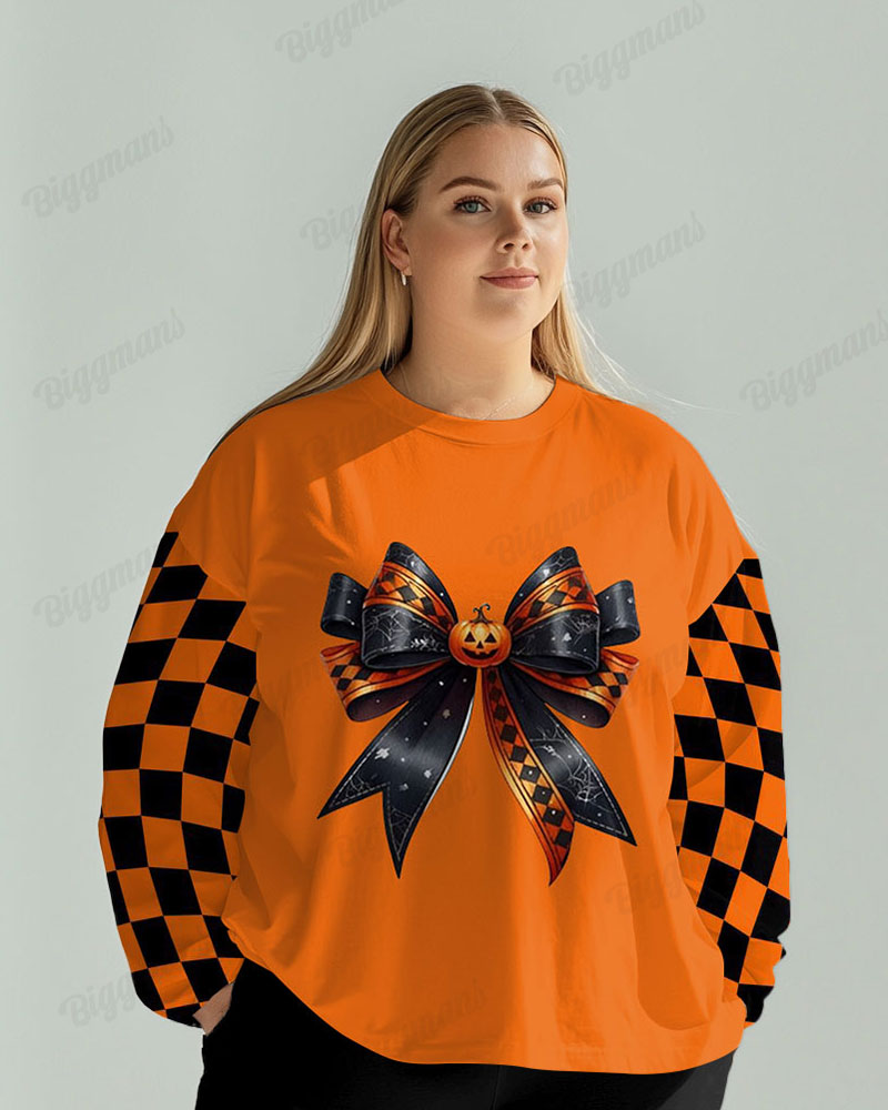 Patchwork Halloween Bowknot Print Long Sleeve T-shirt