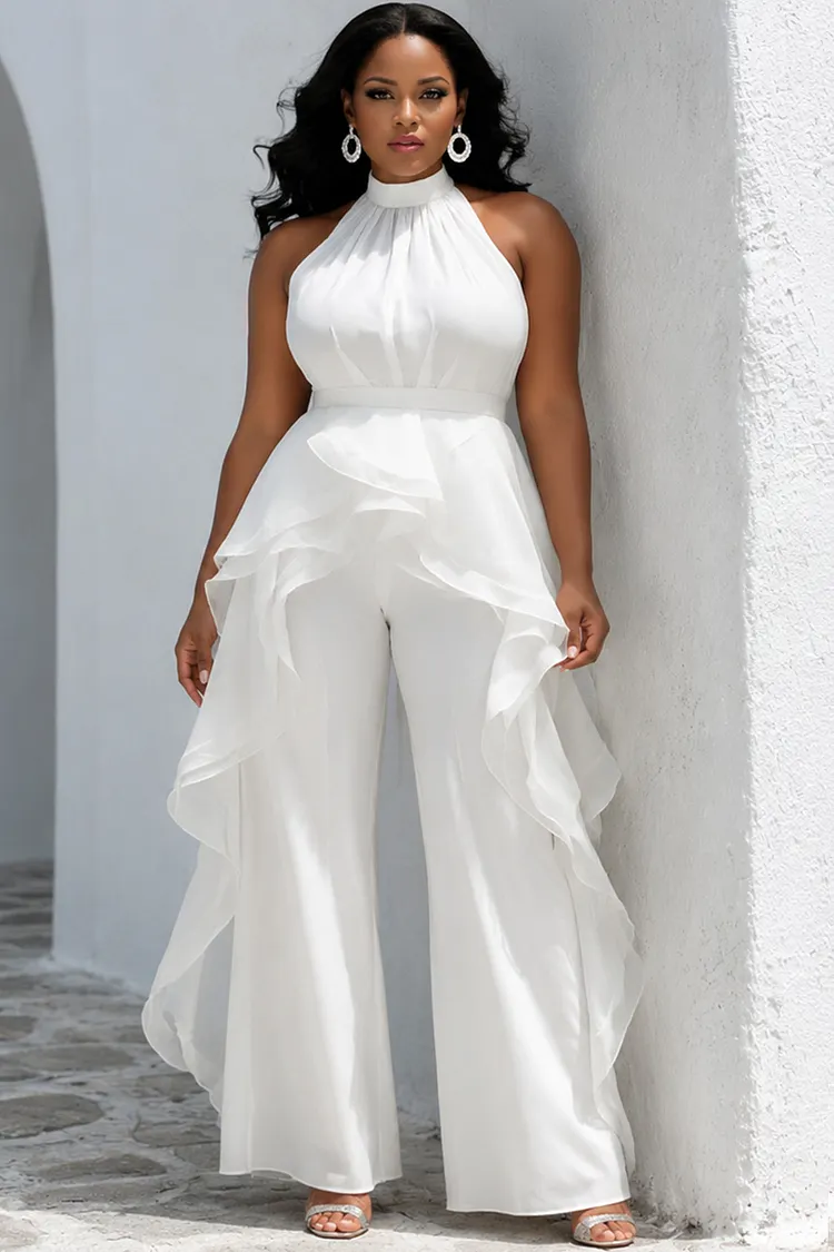 Xpluswear Design Plus Size Cocktail Party White Halter Collar Ruffle Pocket Chiffon Jumpsuits [Pre-Order] 2024 - Xpluswear