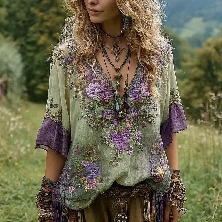 Women's Vintage Floral Embroidery Art V Neck Linen T-shirt