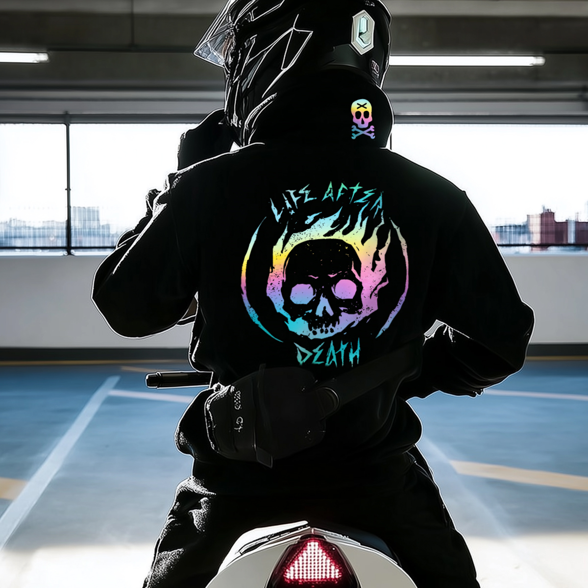 Reflective Laser Skull Design Motorcycle Street Style Hoodie