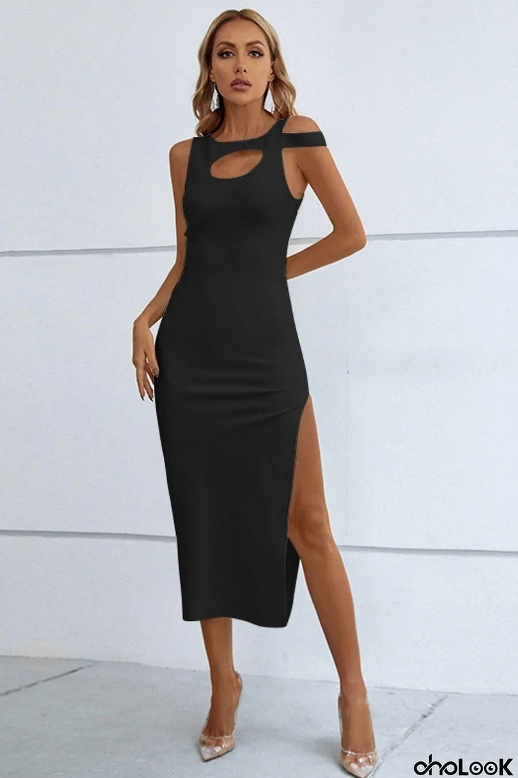 Cutout Round Neck Side Split Midi Bandage Dress