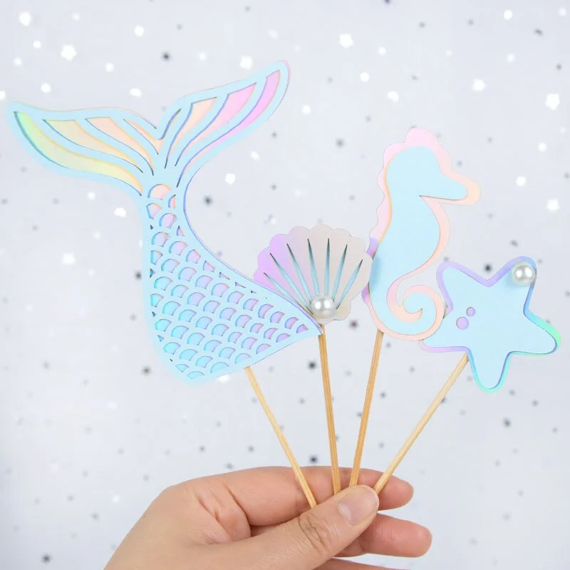 4Pcs/set Mermaid Tail Starfish Cake Toppers Flag Kids Birthday Party Decorations Cupcake Topper Wedding Baby Shower Supplies