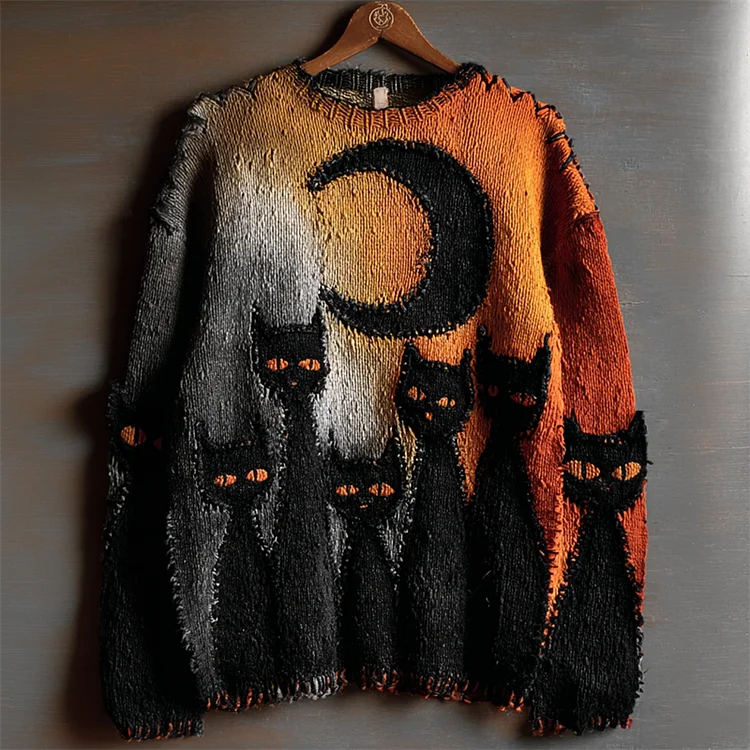 Halloween Night Black Cats Gradient Cozy Knit Sweater