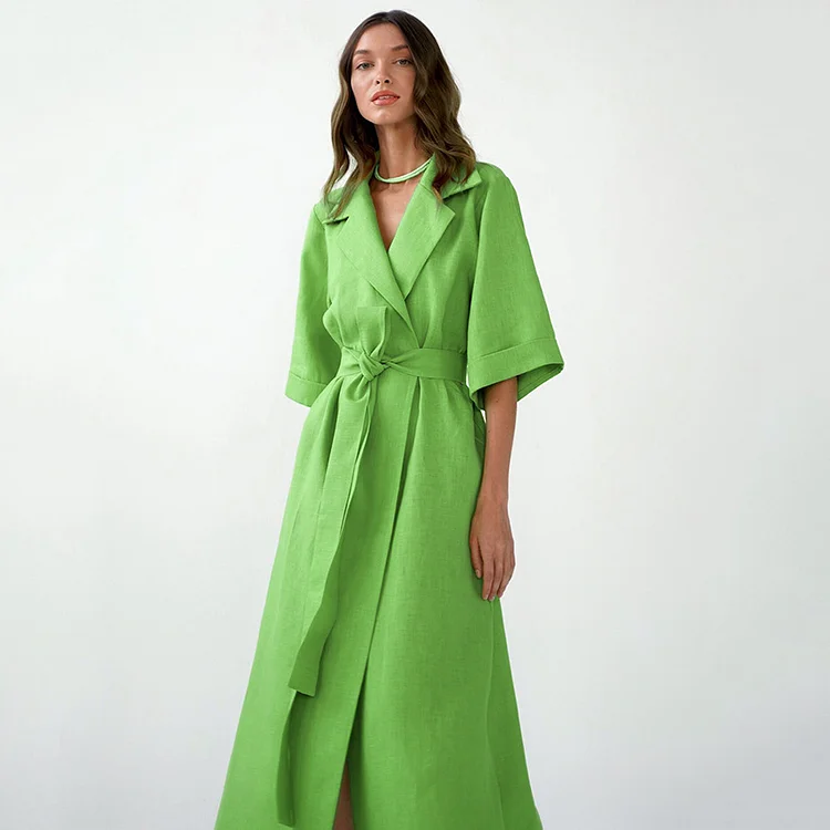 Loose Cotton Linen Waist Gathering Maxi Dress - yankia