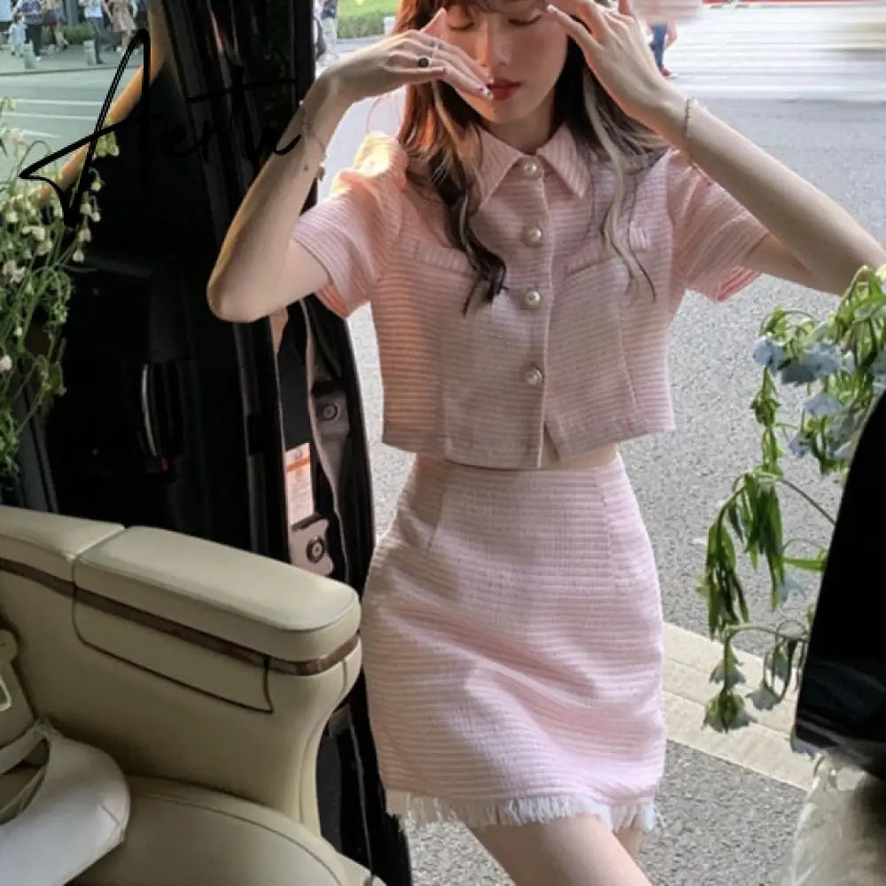 Aiertu High quality summer Tweed two Piece Set Women Crop Top Jacket Coat + Mini Skirt Sets Female 2 Piece Suits ensemble femme Aiertu