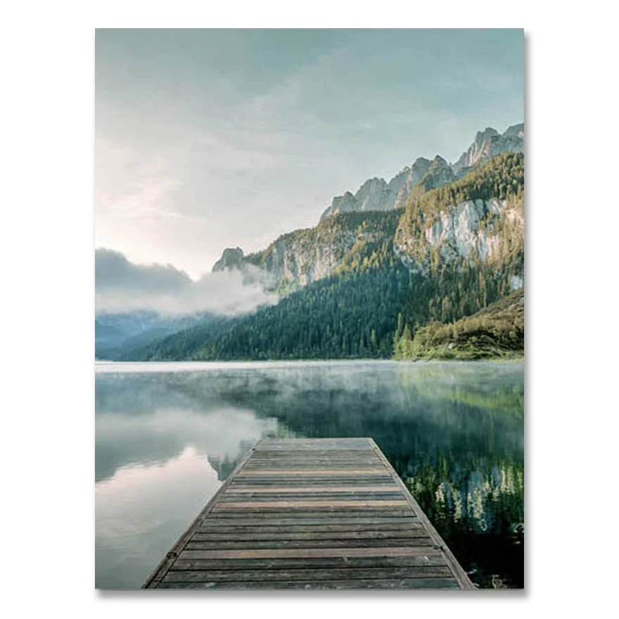 Scandinavian Nature Landscape Wall Art Poster Mountain Lake Boat Print Nordic Painting Decorative Picture Modern Home Decorati