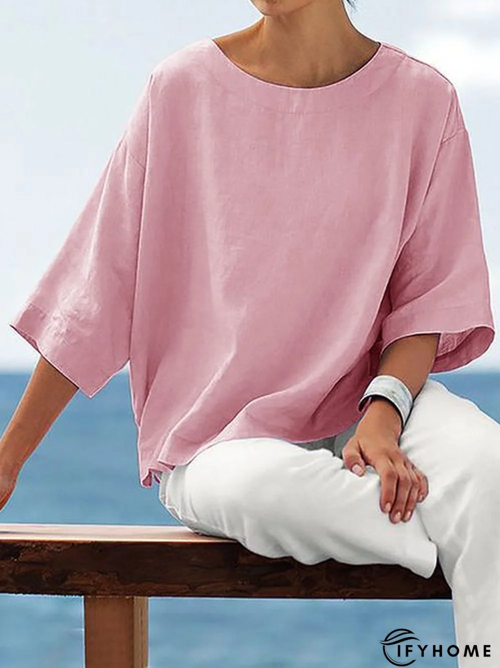 3/4 Sleeve Solid Casual Crew Neck T-Shirt | IFYHOME