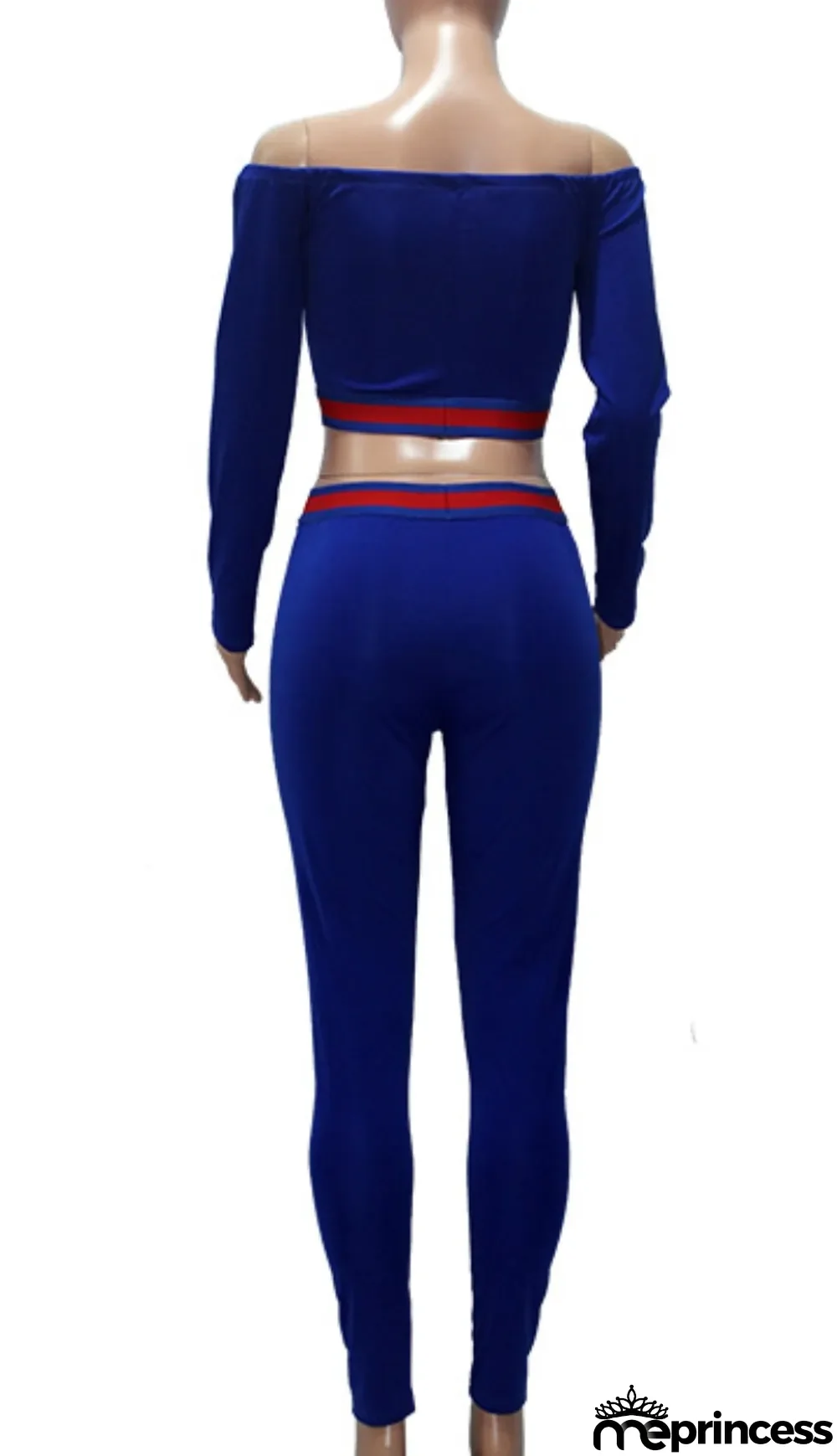 Autumn Blue Off Shoulder Long Sleeve Crop Top and Slim Pants Set