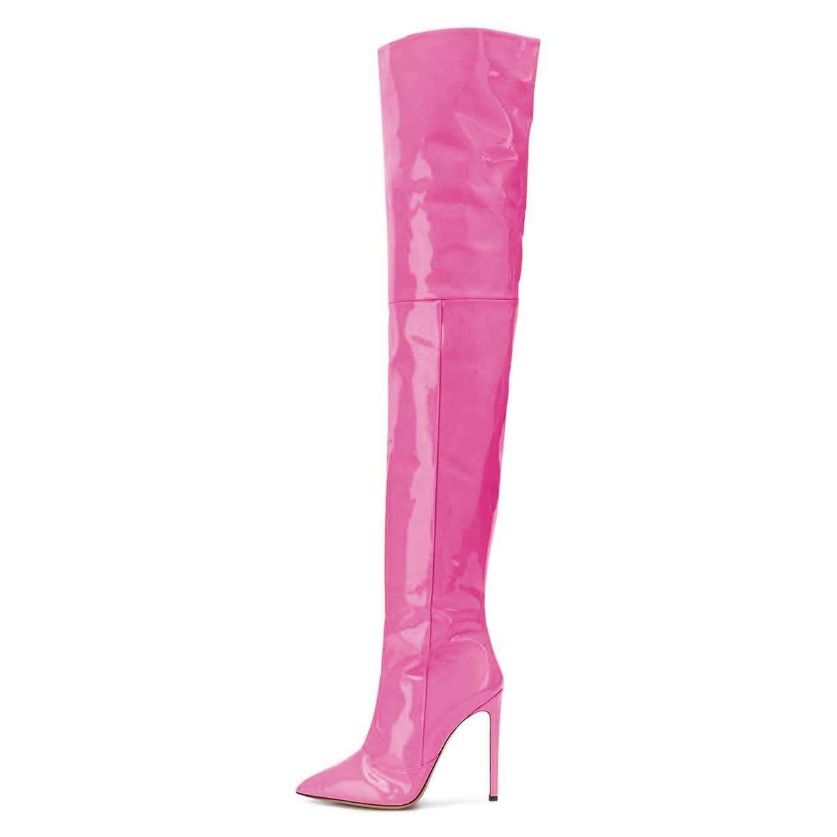 Hot Pink Patent Leather Thigh High Heel Boots Fsjshoes