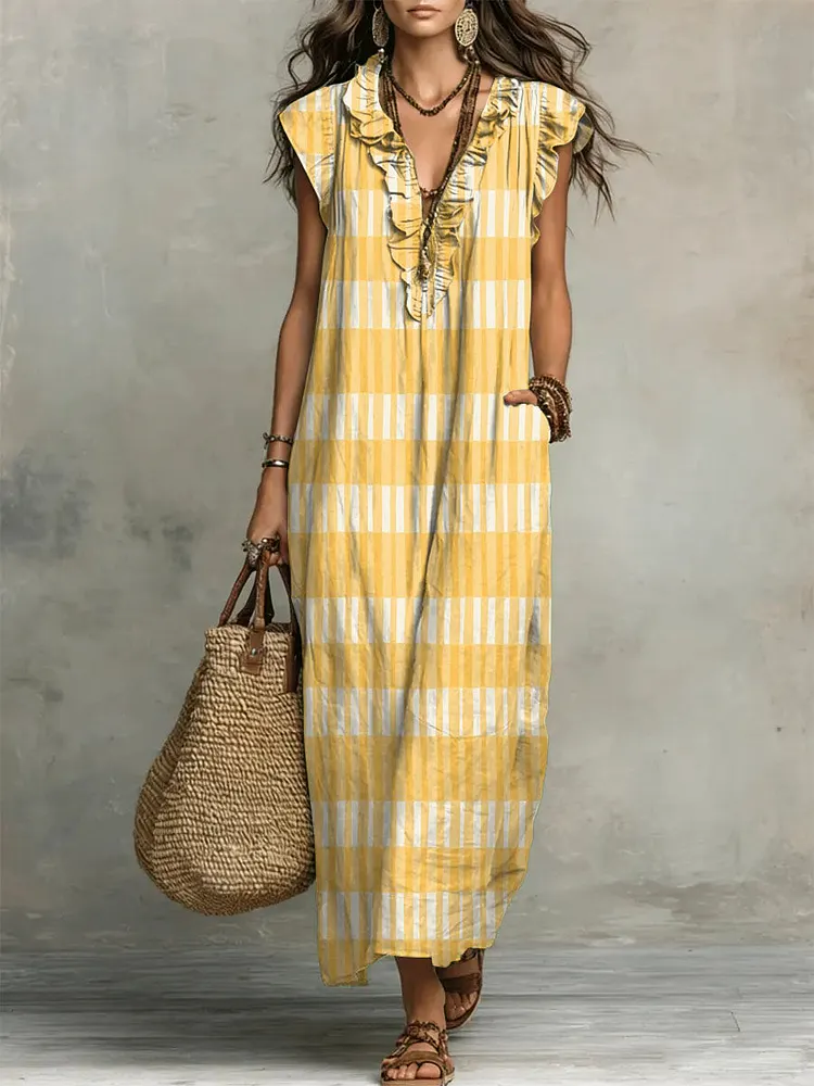 Women's Plaid Print Casual Ruffled Stylish Cotton Linen Dress