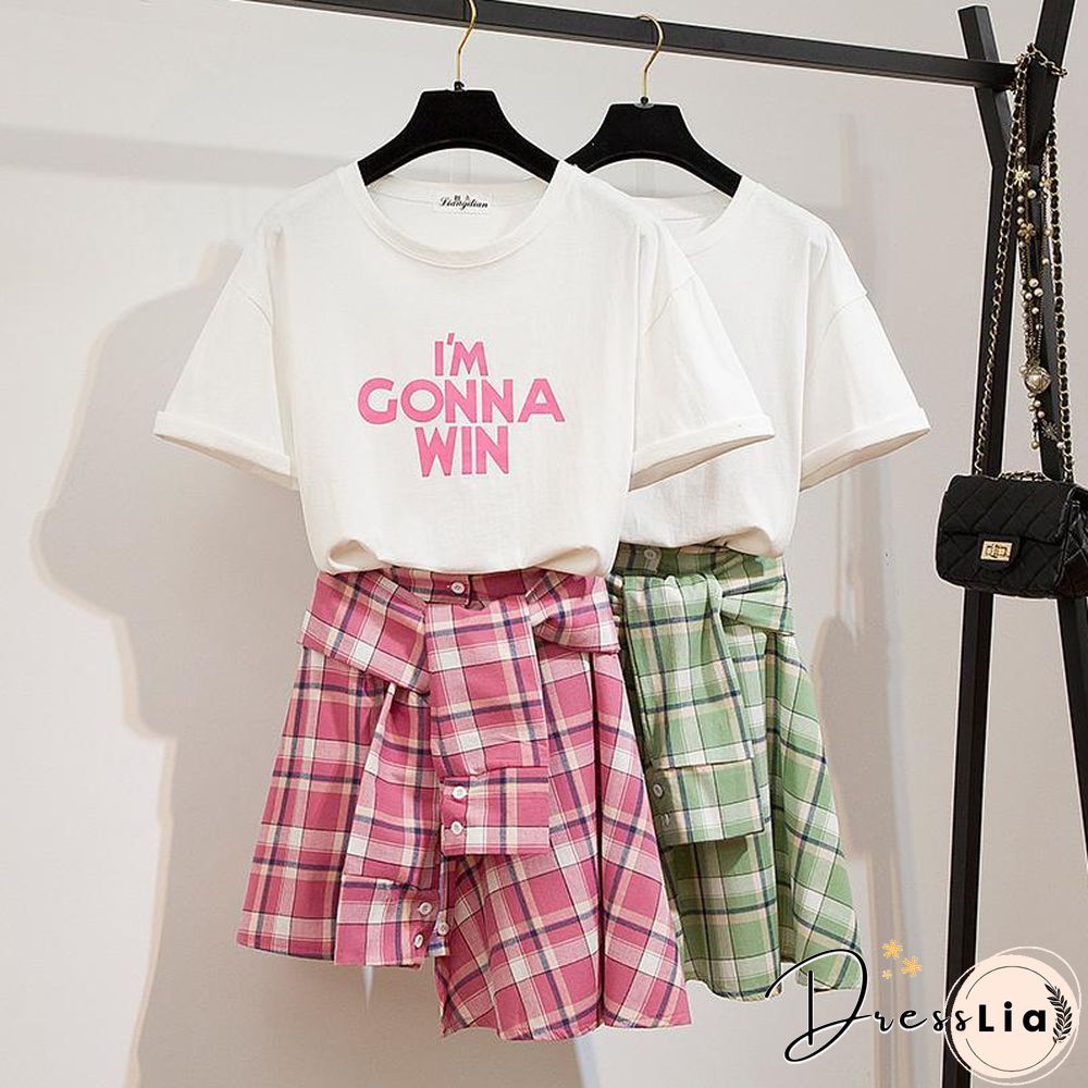 Basic Letter Tee+Plaid Skirt P10123