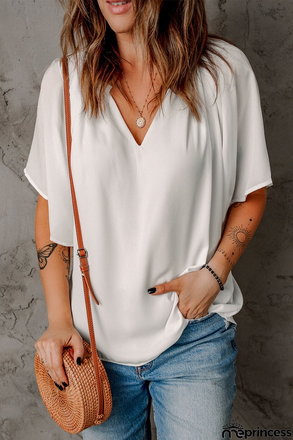 White Split Neck Loose Top