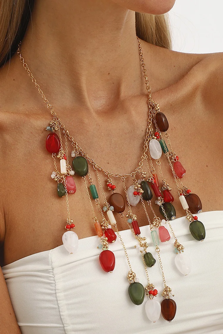 Retro Ethnic Style Geometric Multicolor Resin Tassel Earrings Necklace 2024 - Xpluswear