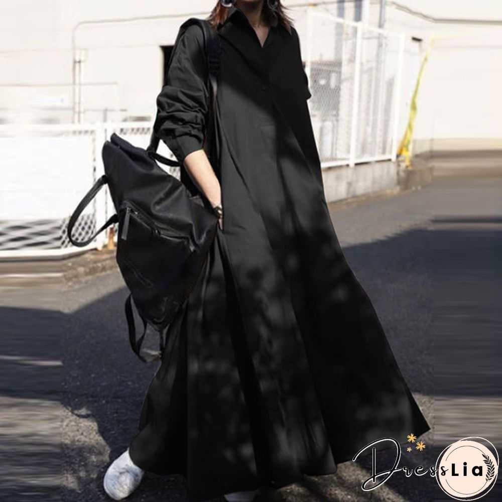 Women Turn-down Collar Long Sleeve Shirt Dress Loose Plain Maxi Blouse Dresses