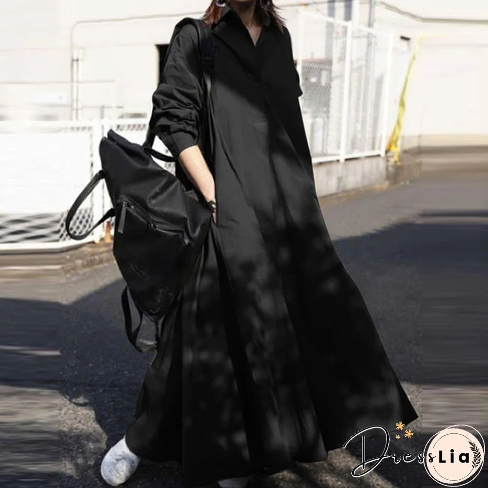 Women Turn-down Collar Long Sleeve Shirt Dress Loose Plain Maxi Blouse Dresses