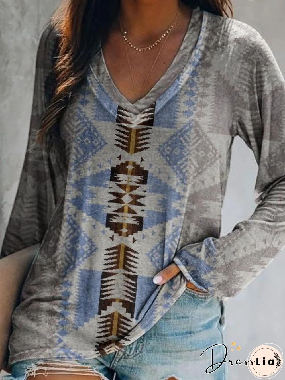 Grey Leisure Ethnic Style Top