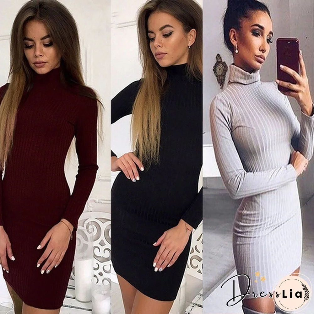Women Fashion Autumn and Spring High Collar Slim Dresses Sweater Dress