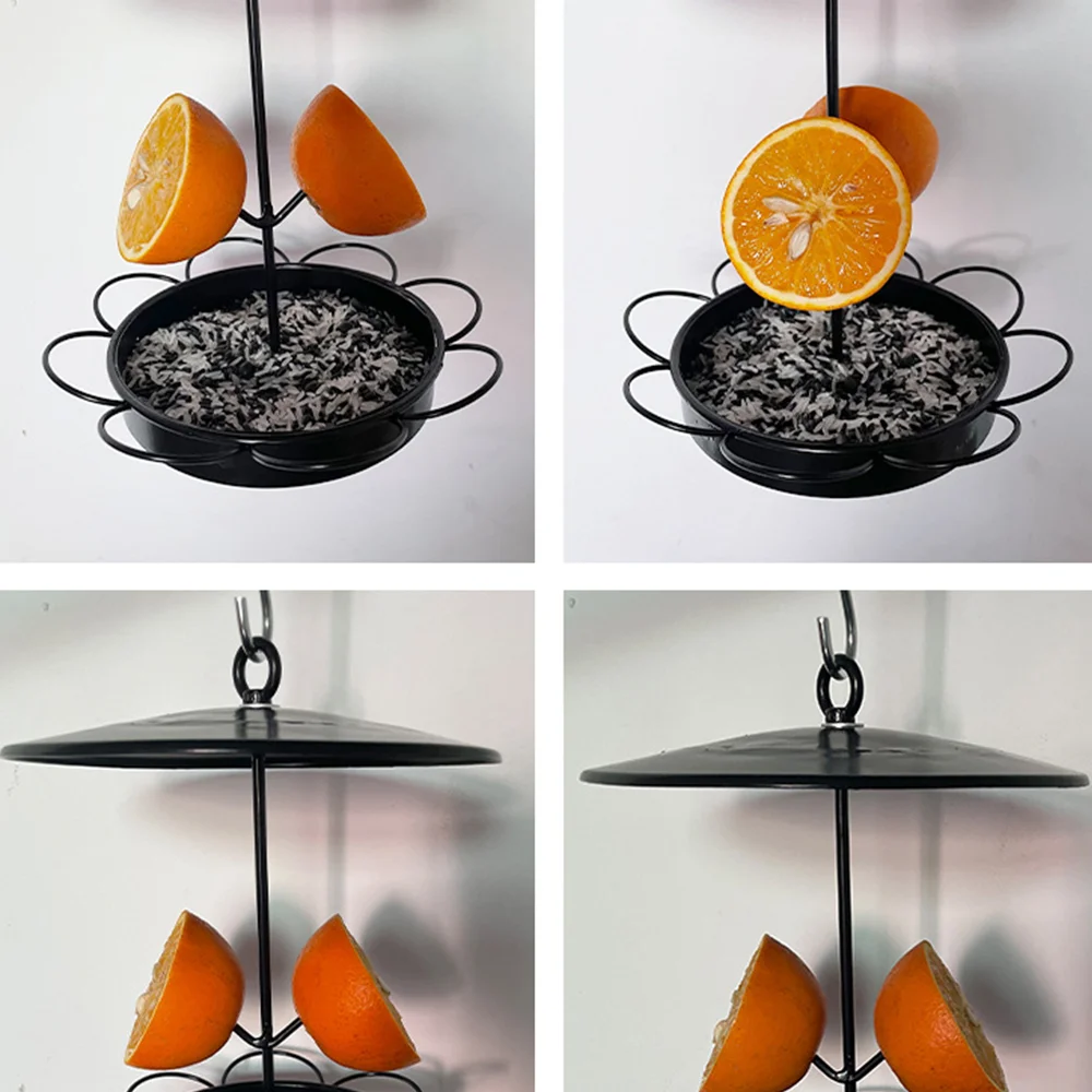 Small rainproof wrought iron bird feeder with fruit inserted outdoors