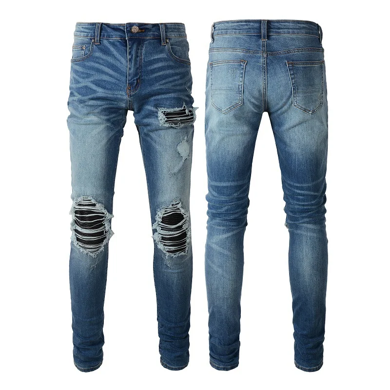 Men's High Street Rapper Jeans Elastic Ripped Skinny Biker Motorcyle Jeans